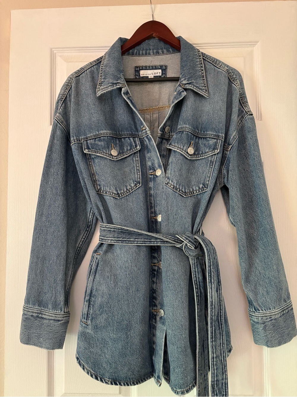 LOFT Blue Denim Belted Shirt Jacket - Picture 2 of 14